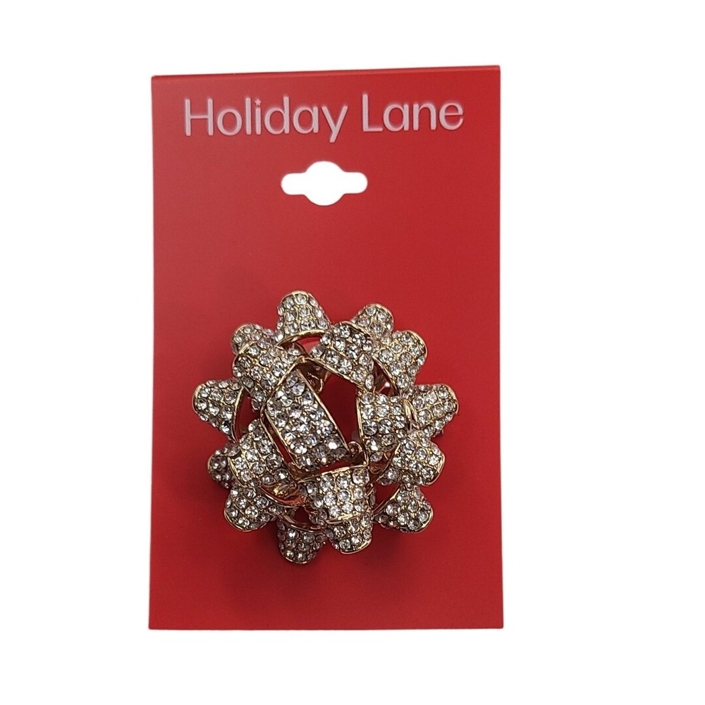 Holiday Lane Gold Tone Crystal‎ Bow Pin Brooch Sparkle Rhinestone Festive